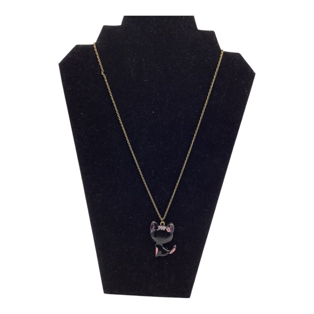 Black Cat Pendant Necklace W/ Brass Tone Chain Women Shinning Paint Finished 26"